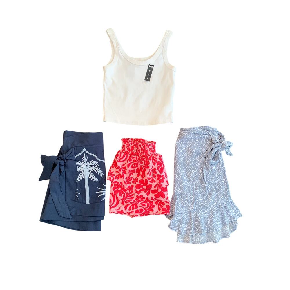 Girls 4 Piece Summer Set White Tank Top Navy Palm Pink Floral Blue Skirts XS S